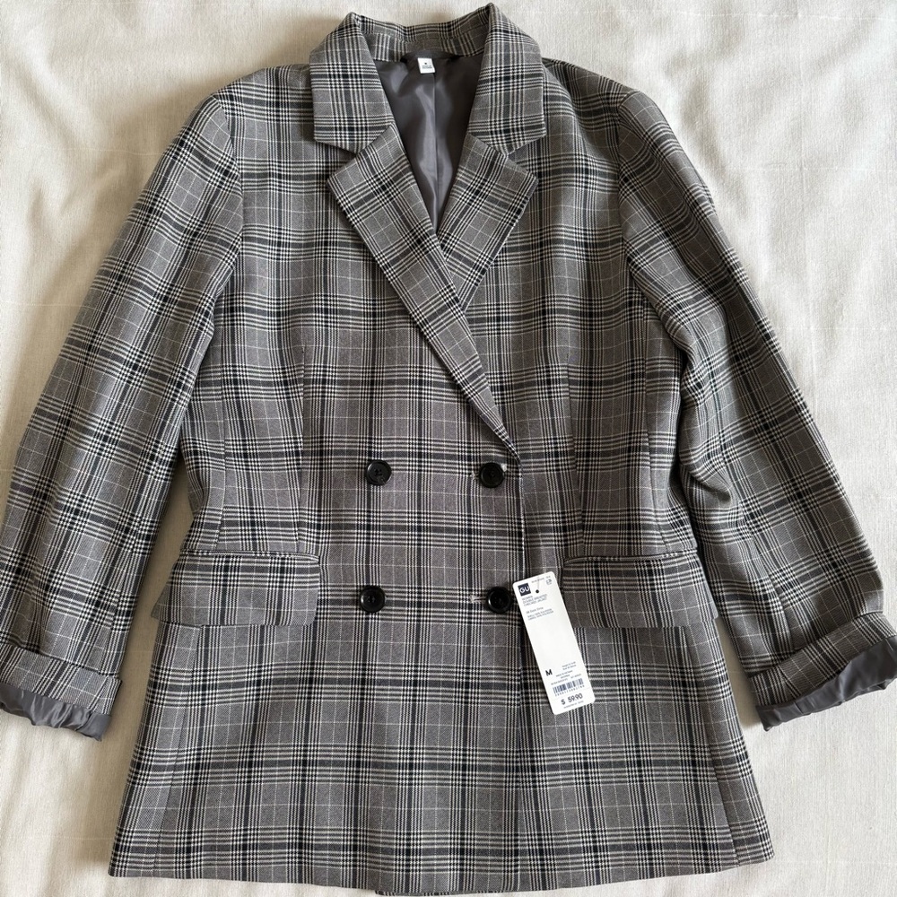 GU Women's Gray Plaid Double-Breasted Blazer
